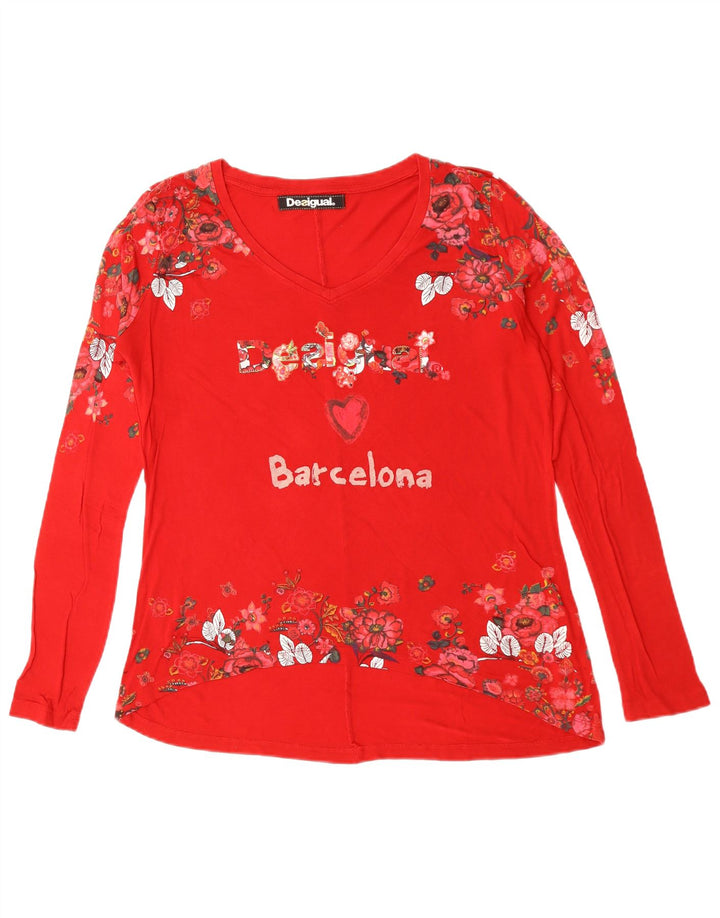 DESIGUAL Donna Barcelona Graphic Top manica lunga UK 16 Grande cuore rosso