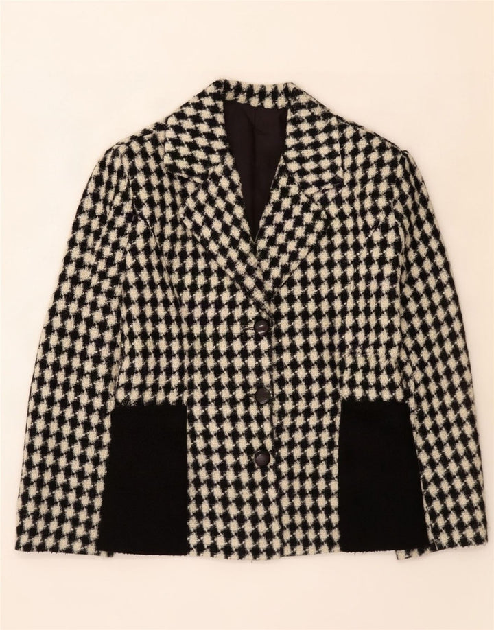 Giacca blazer vintage da donna a 3 bottoni UK 12 media pied de poule nera