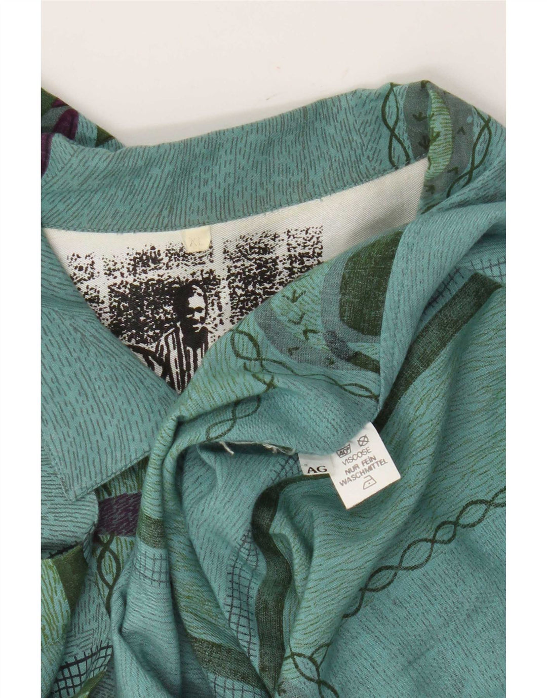 Camicia a maniche corte da uomo vintage con motivo astratto XL in viscosa verde
