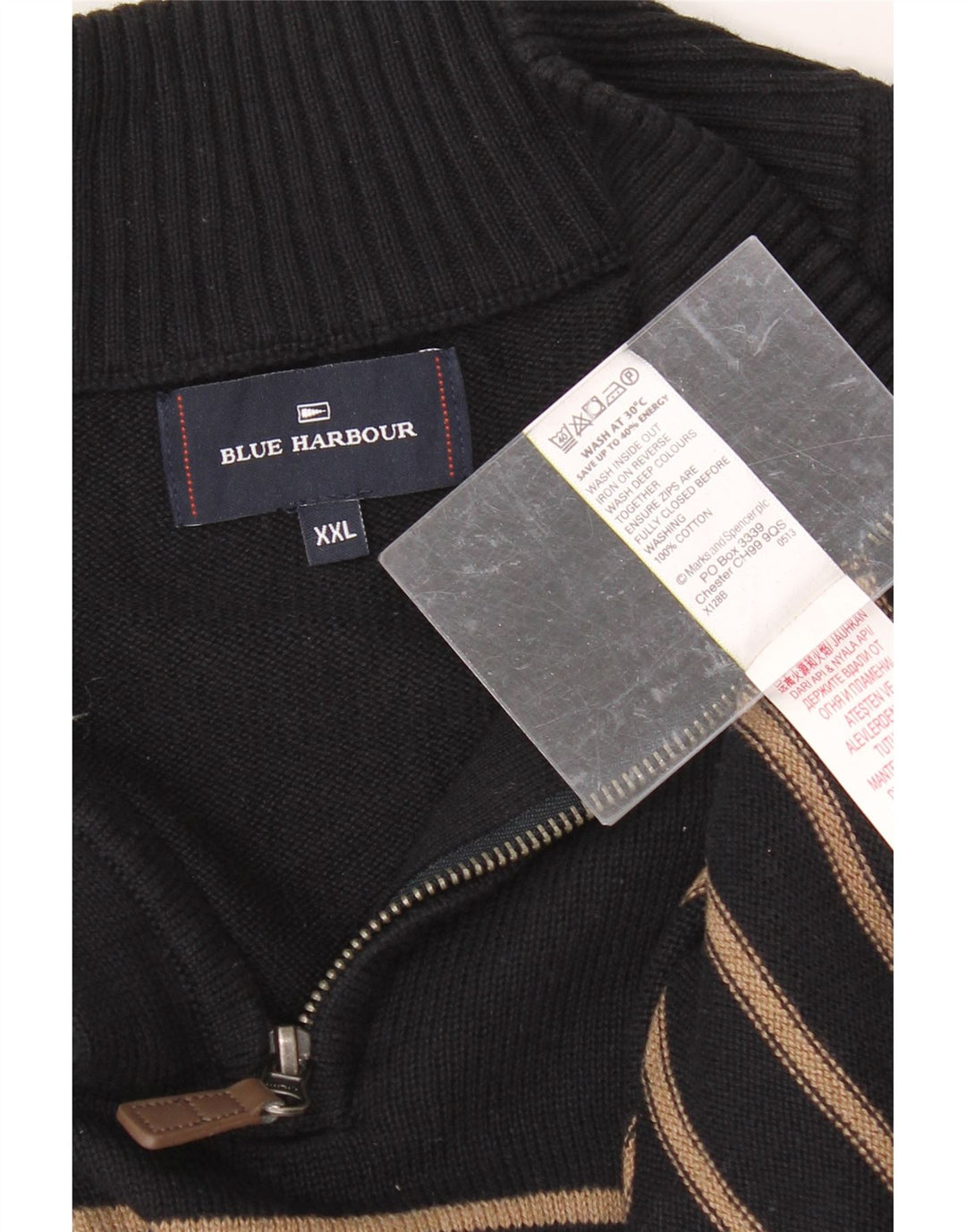 BLUE HARBOUR Mens Zip Neck Jumper Sweater 2XL Black Striped Cotton