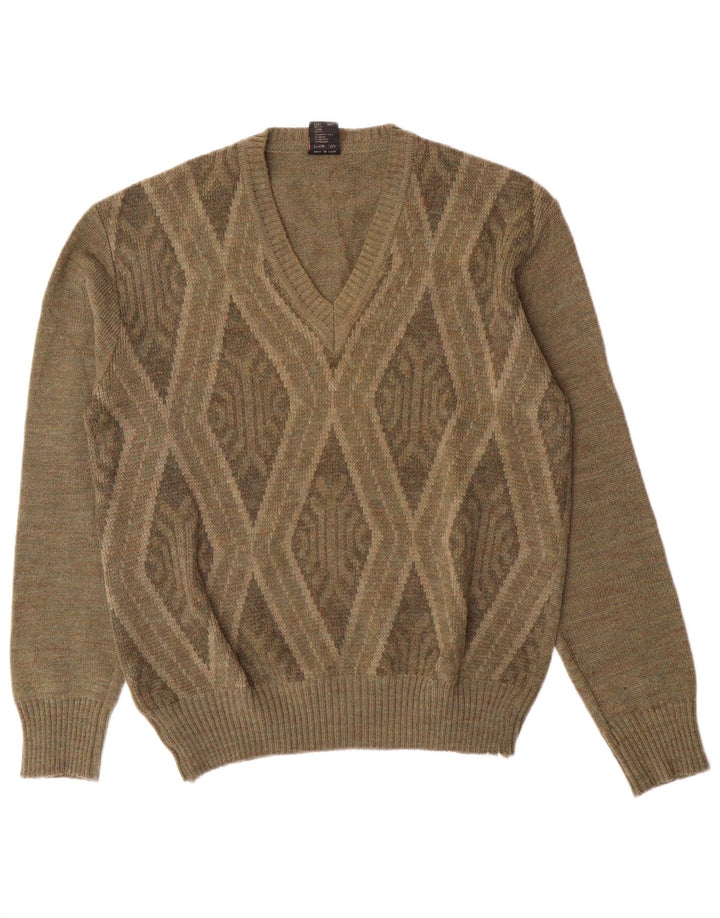 Maglione da uomo con scollo a V Rinaldi medio kaki a rombi/lana diamante