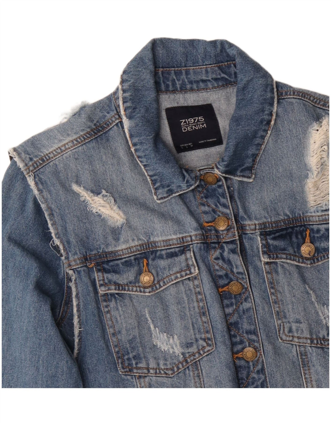 Giacca in denim invecchiato ZARA da donna UK 16 grande cotone blu