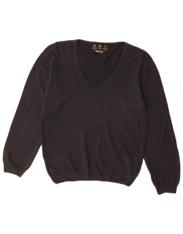 BARBOUR Womens V-Neck Jumper Sweater UK 8 Small Black Cotton