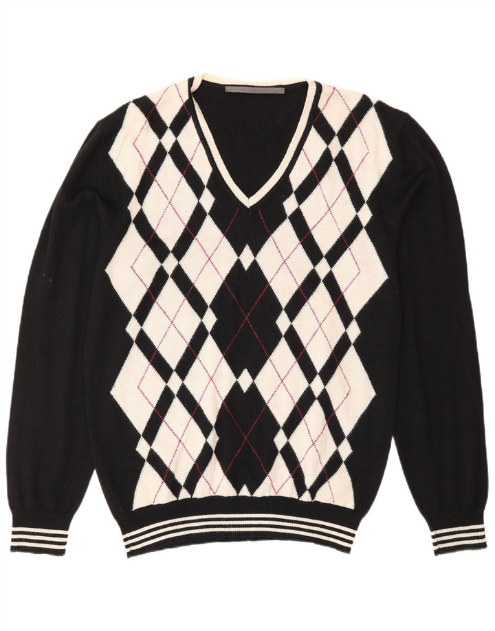 Maglione vintage da uomo con scollo a V XL nero a rombi/lana diamante