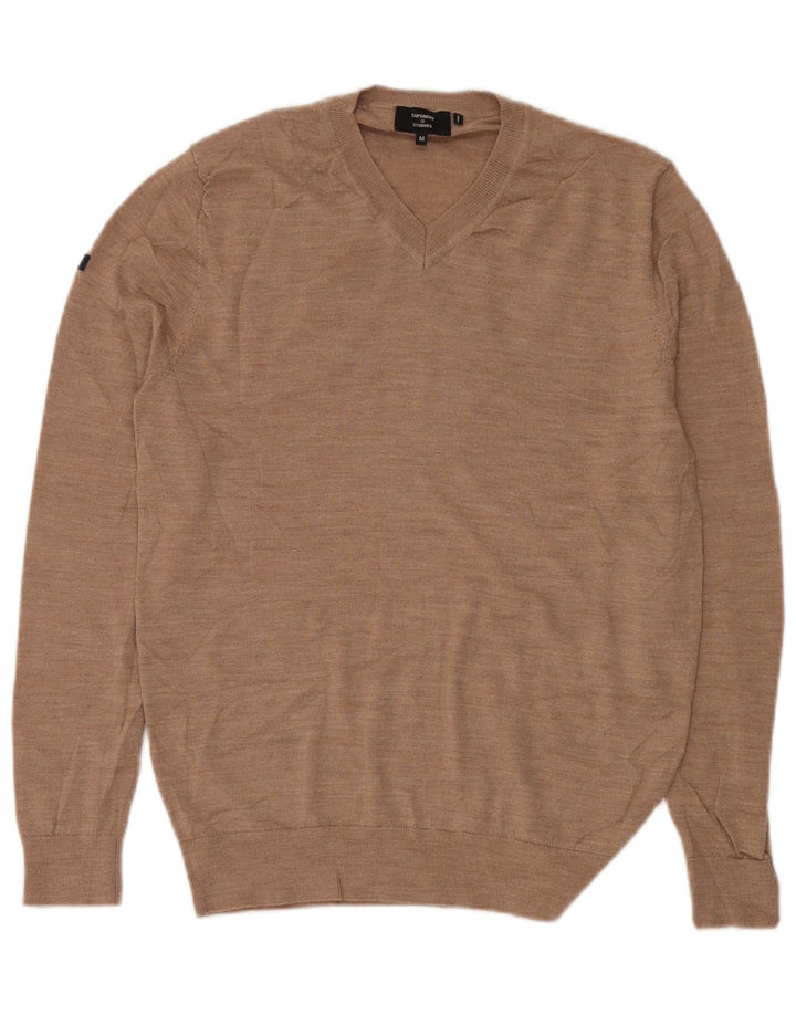 Maglione da uomo con scollo a V Superdry in lana merino beige medio