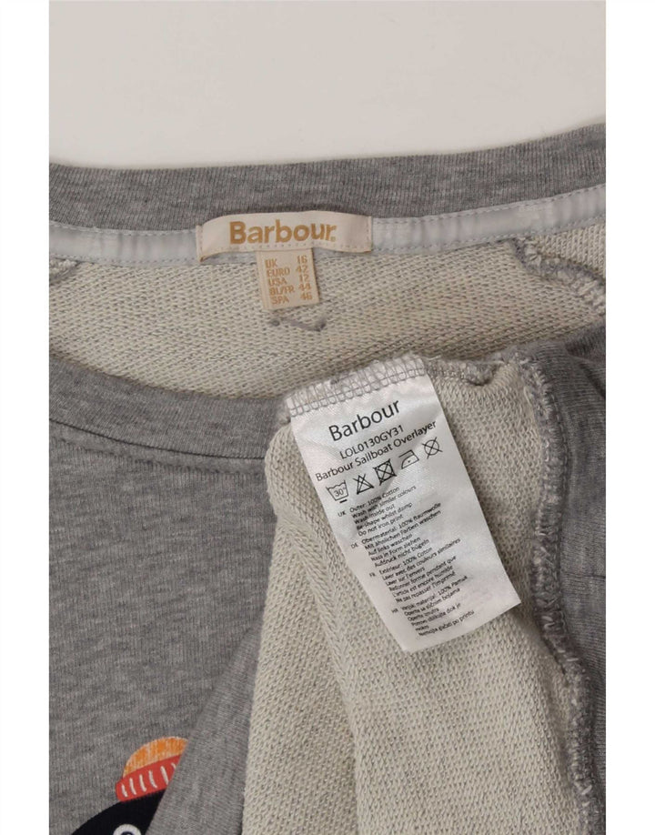 Felpa grafica da donna Barbour maglione UK 16 grande cotone grigio