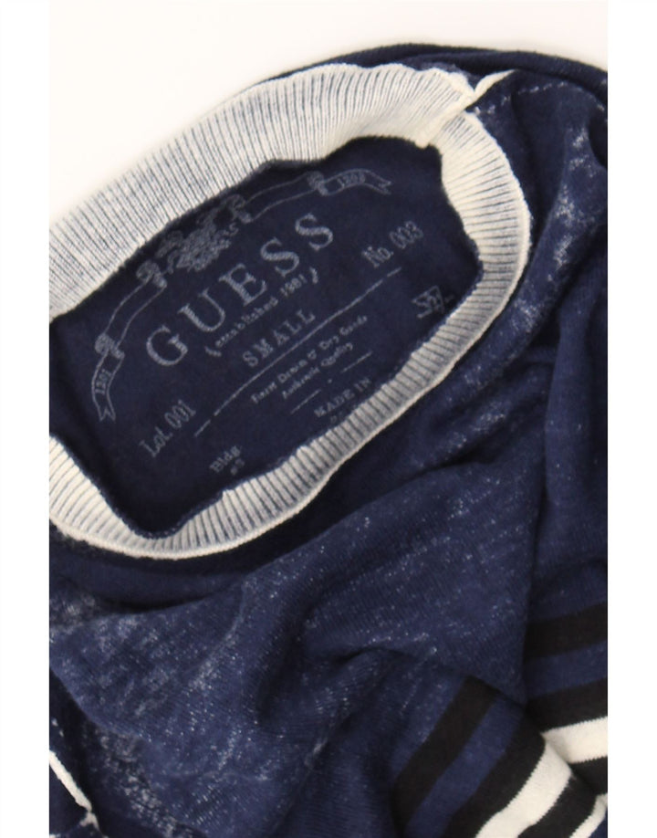 GUESS Mens Crew Neck Jumper Sweater Small Navy Blue Striped Cotton Vintage Guess and Second-Hand Guess from Messina Hembry 
