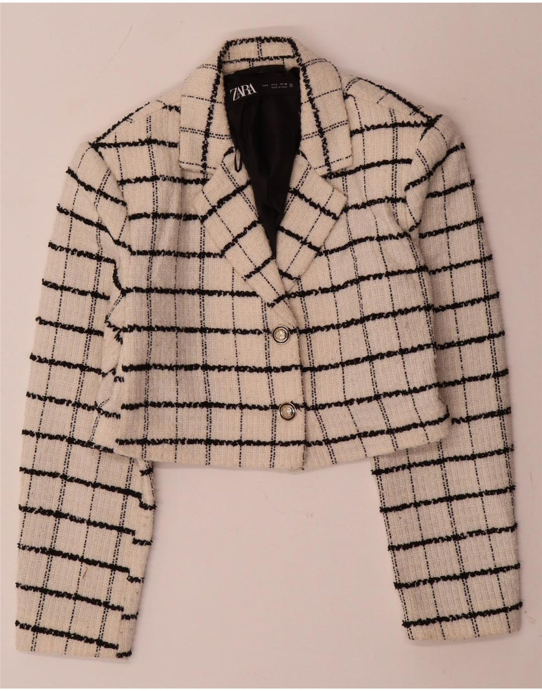 ZARA Giacca Blazer a 2 Bottoni Corta da Donna UK 14 Lana a quadri Beige Grande