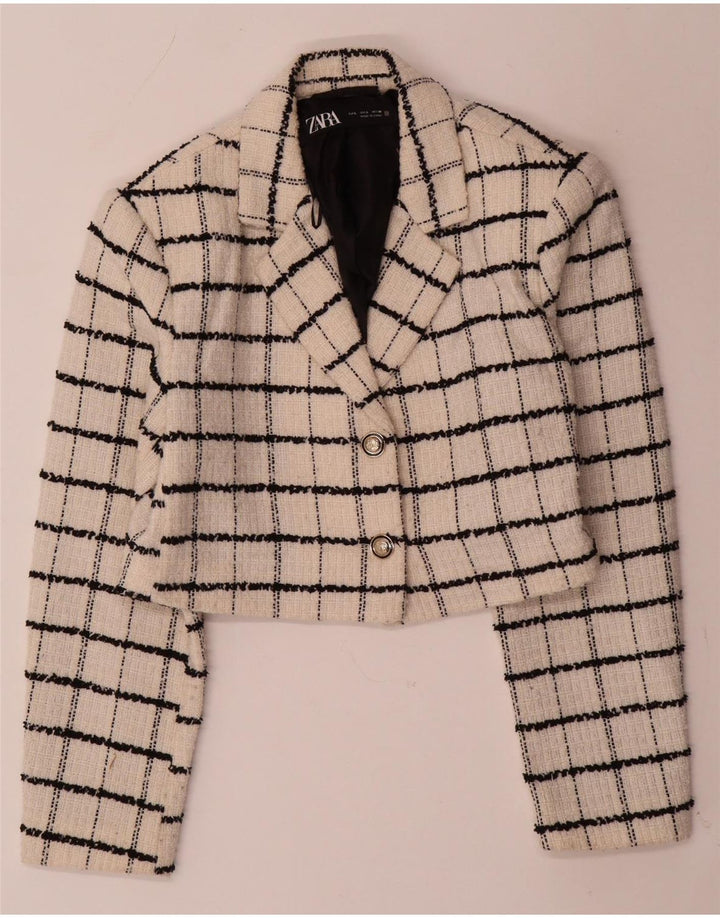 ZARA Giacca Blazer a 2 Bottoni Corta da Donna UK 14 Lana a quadri Beige Grande
