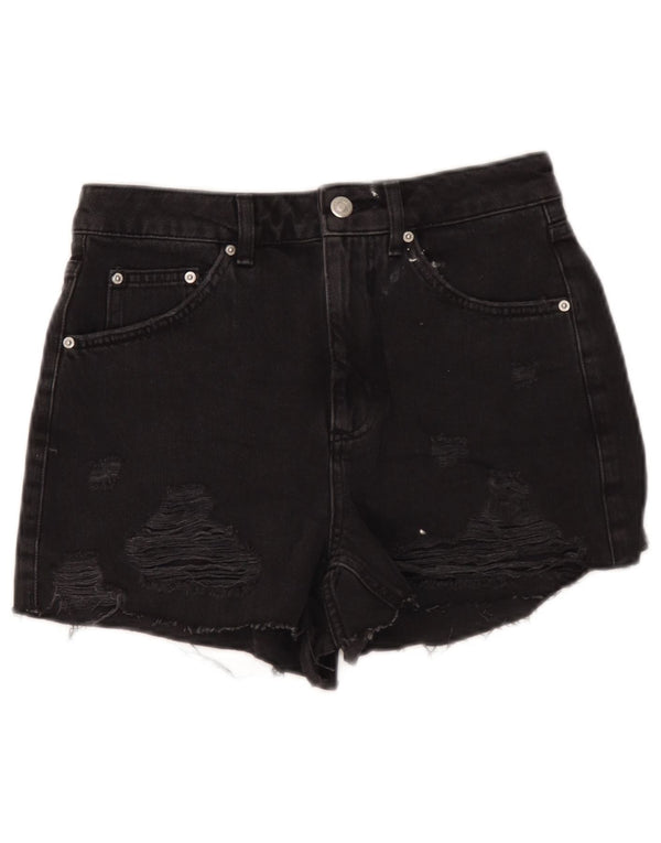 Topshop Pantaloncini di jeans invecchiati mamma da donna UK 10 piccoli W28 cotone nero
