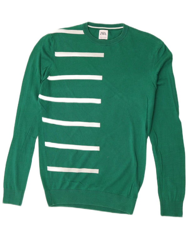 Maglione maglione girocollo da uomo Zara in cotone a righe verde medio