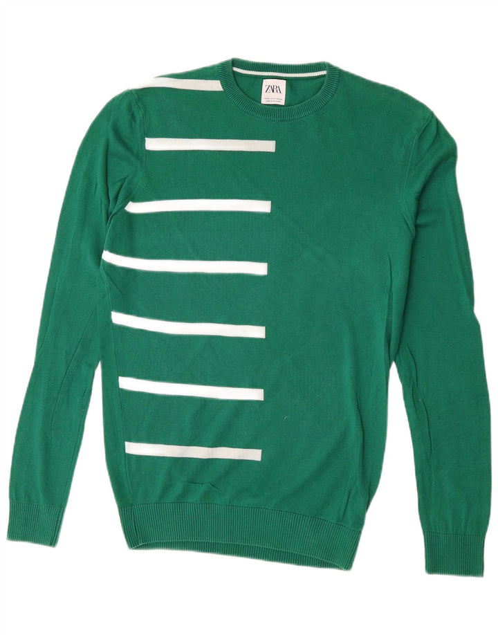 Maglione maglione girocollo da uomo Zara in cotone a righe verde medio