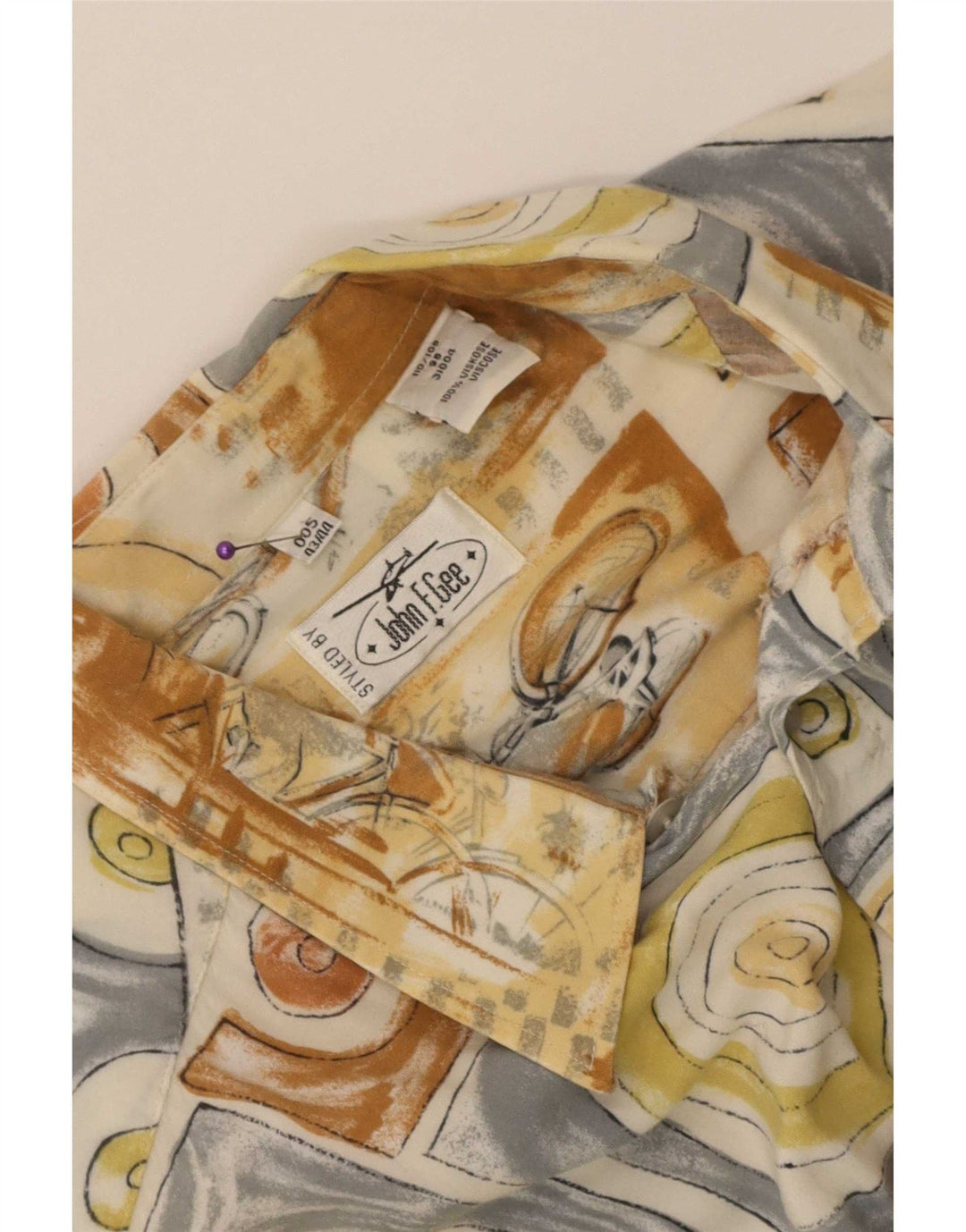 Camicia da uomo con motivo astratto John F Gee taglia 43/44 grande in viscosa beige