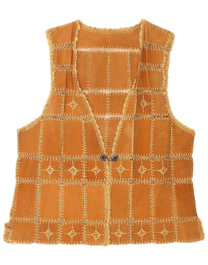 Gilet vintage da donna in pelle scamosciata XL patchwork marrone