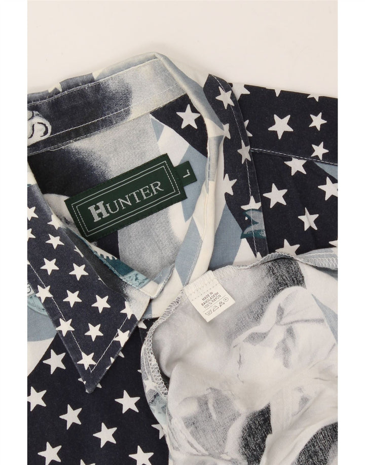 HUNTER Mens Graphic Short Sleeve Shirt Large Blue Patchwork Rayon Vintage Hunter and Second-Hand Hunter from Messina Hembry 
