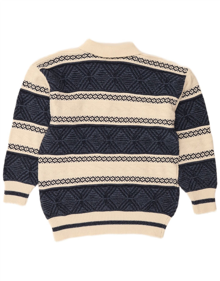 VINTAGE Maglione da uomo con collo alto in cotone Fair Isle medio blu navy