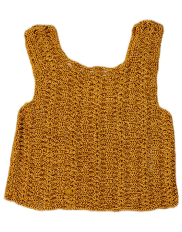 Top vintage da donna corto senza maniche all'uncinetto in camicetta UK 8 piccolo giallo