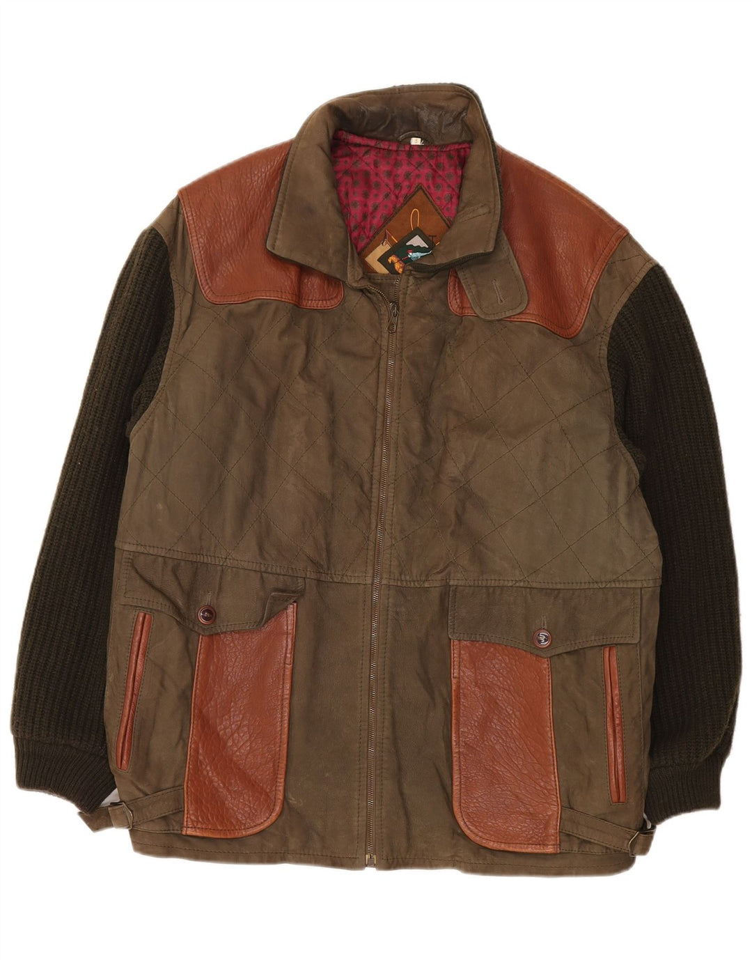 Giacca in pelle lavorata a maglia vintage da uomo UK 42 XL Khaki Colourblock Classic