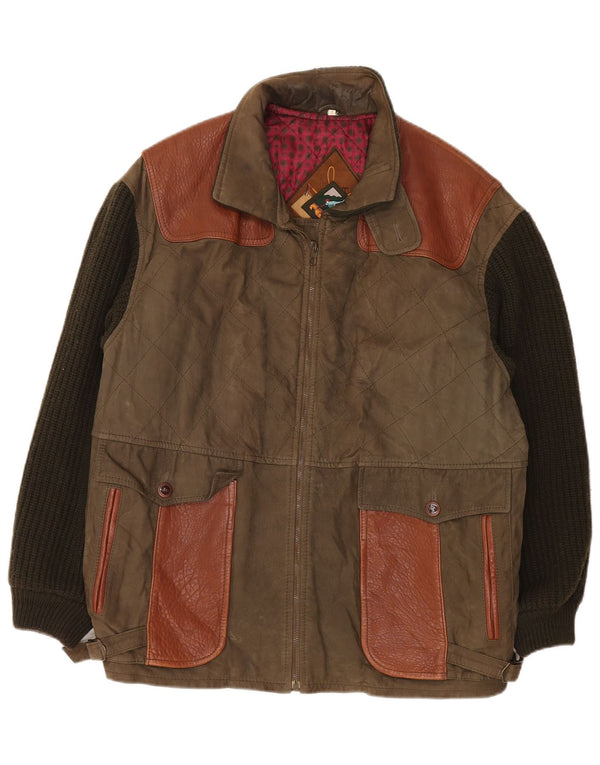 Giacca in pelle lavorata a maglia vintage da uomo UK 42 XL Khaki Colourblock Classic