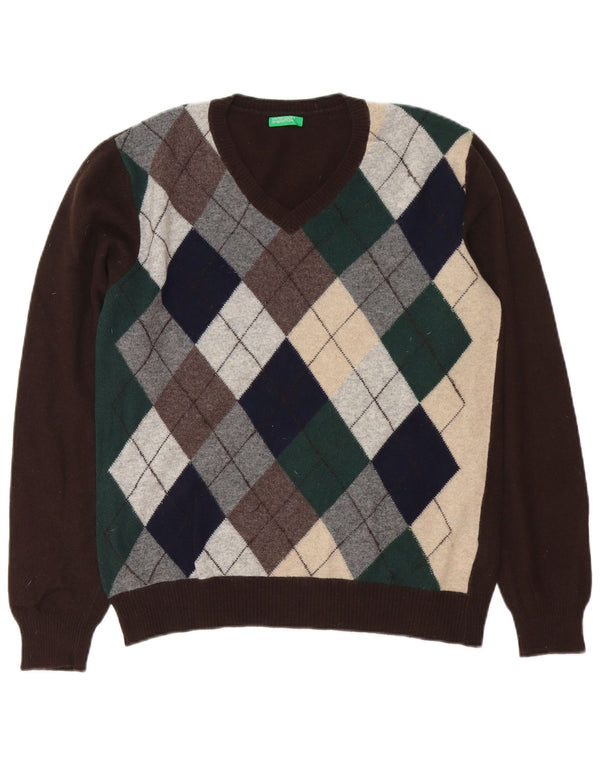 Maglione da uomo con scollo a V Benetton in lana a rombi/diamante marrone medio