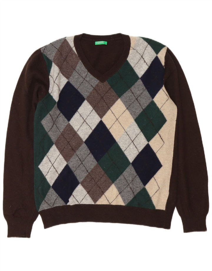 Maglione da uomo con scollo a V Benetton in lana a rombi/diamante marrone medio