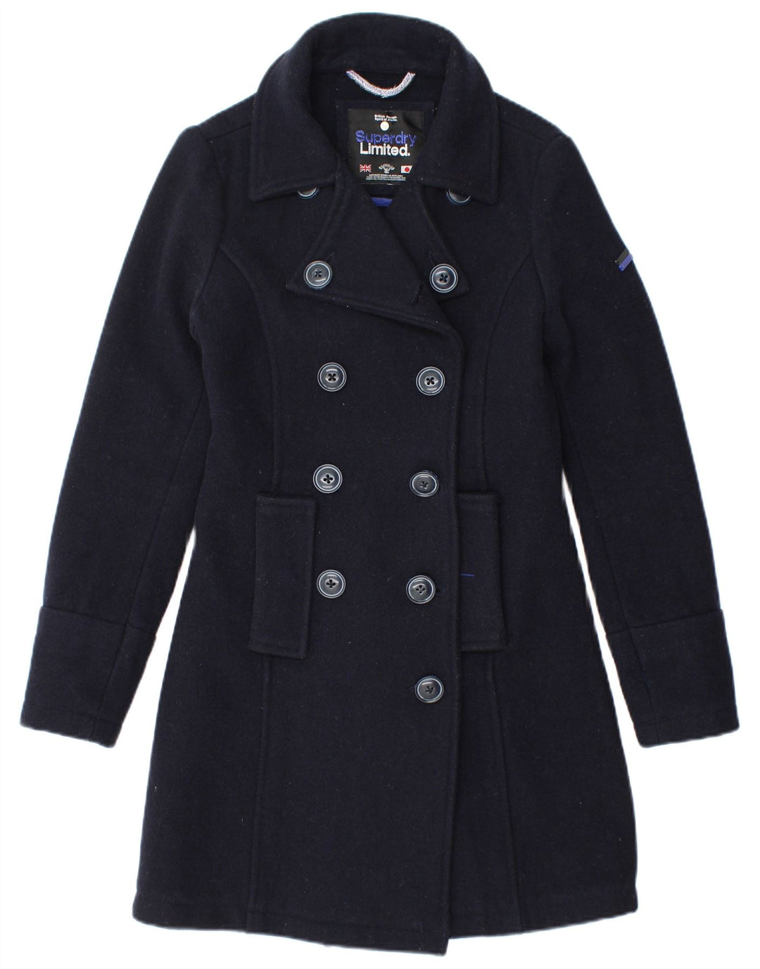 Cappotto doppiopetto da donna Superdry UK 6 XS lana blu navy