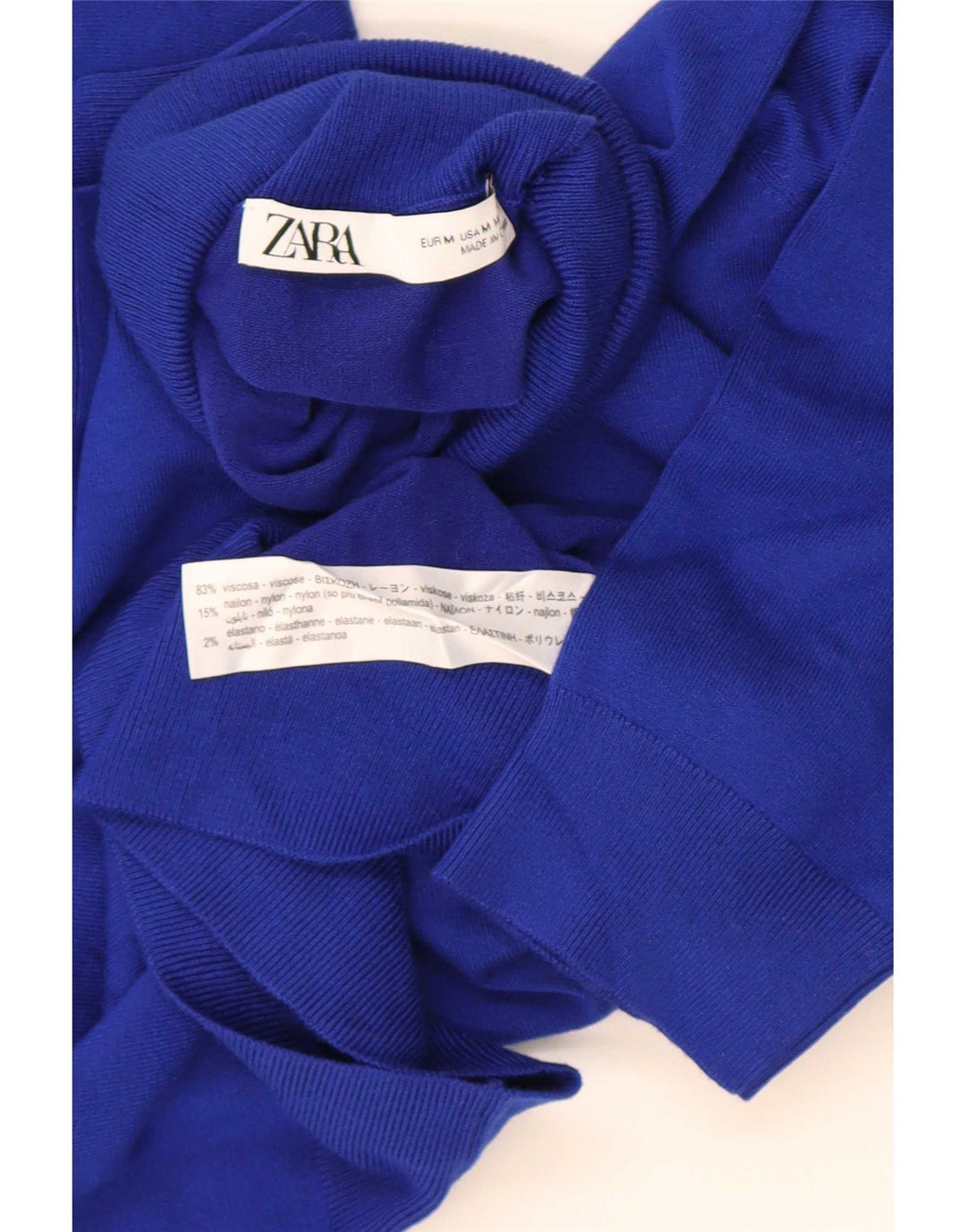 Maglione Zara da donna a maniche corte con collo alto, UK 12, viscosa blu medio