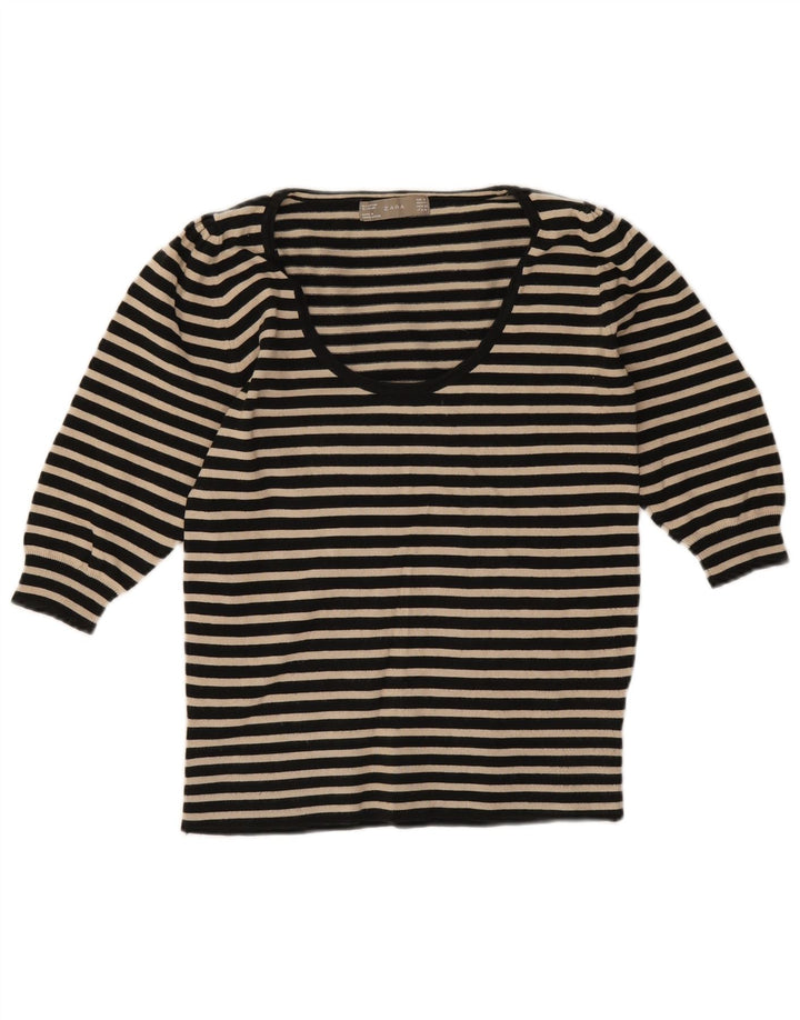 Top Zara da donna manica 3/4 UK 12 cotone a righe nere medie
