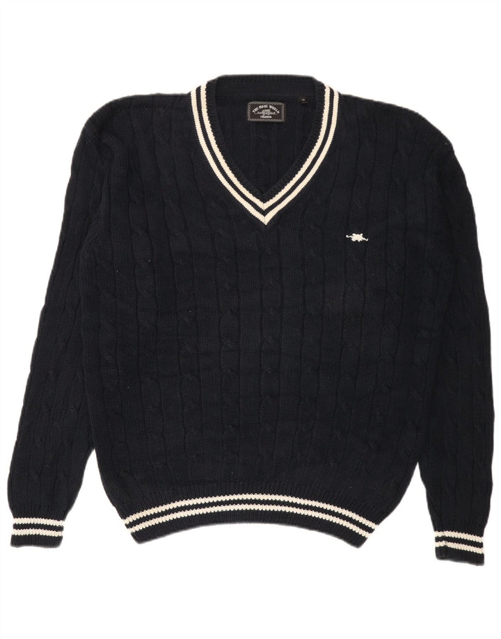 Maglione da uomo con scollo a V Charro in cotone a righe medie blu navy