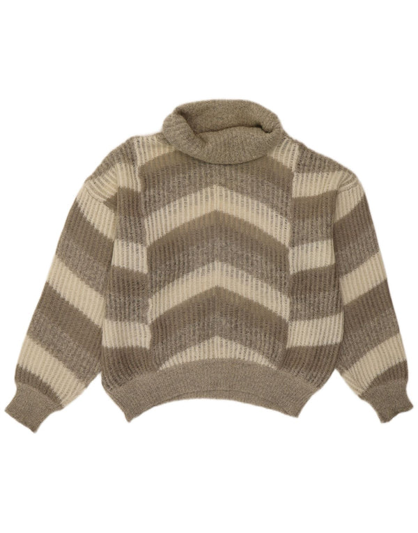 Maglione corto da donna vintage con collo alto e maglione UK 14 a righe grandi grigie