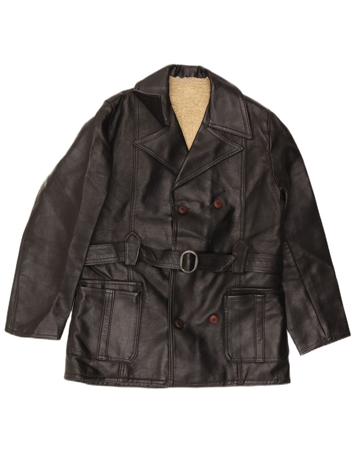 Giacca in pelle doppiopetto da uomo vintage UK 36 piccola in pelle nera