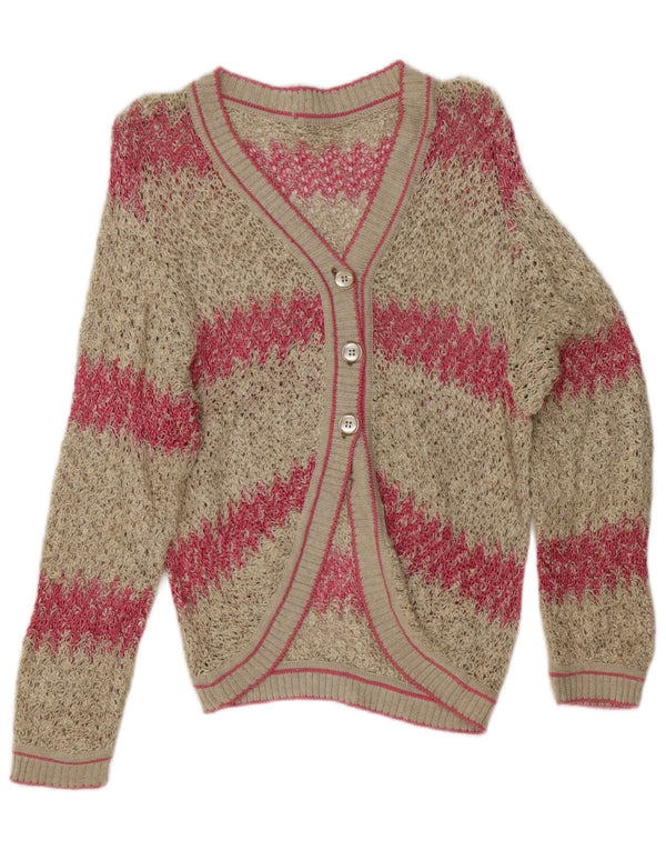 Maglione cardigan da donna vintage UK 14 medio a righe bianco sporco