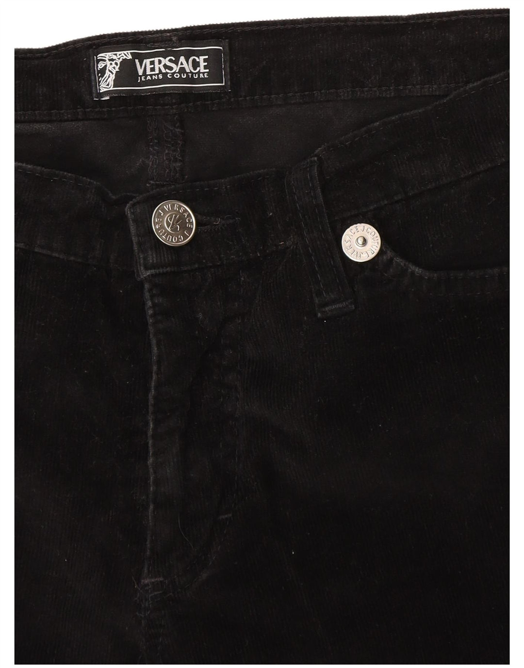 Pantaloni di velluto a coste svasati da donna Versace W28 L30 neri