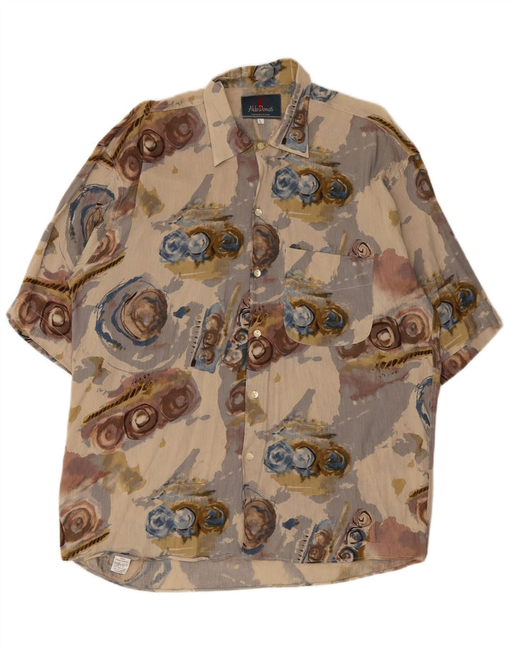 Camicia a maniche corte vintage da uomo con motivo astratto, grande lino beige