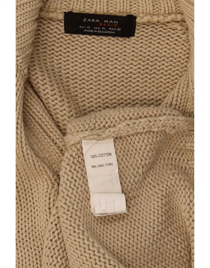 Maglione Zara da uomo con collo a bottoni XL in cotone beige