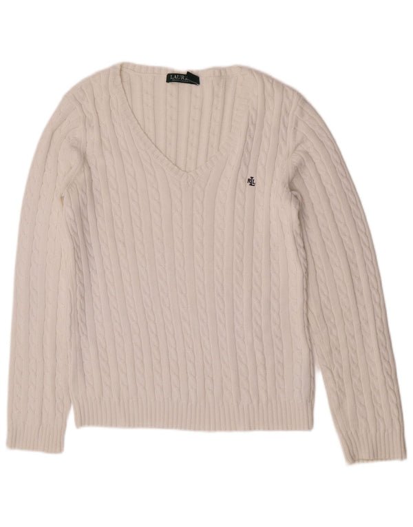 Maglione maglione con scollo a V da donna Ralph Lauren UK 16 grande cotone bianco