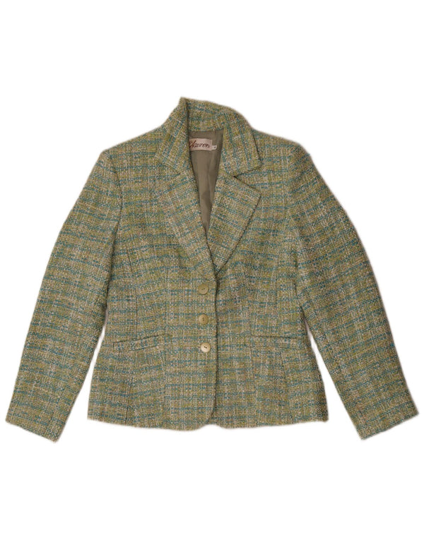 Giacca blazer vintage da donna a 3 bottoni IT 40 piccolo poliestere a quadri verdi