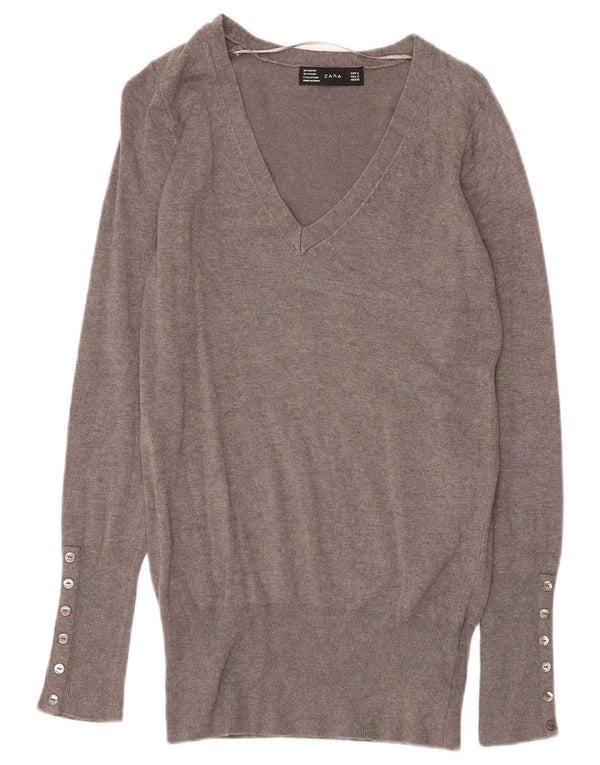 Maglione Zara da donna con scollo a V UK 10 piccolo Rayon grigio