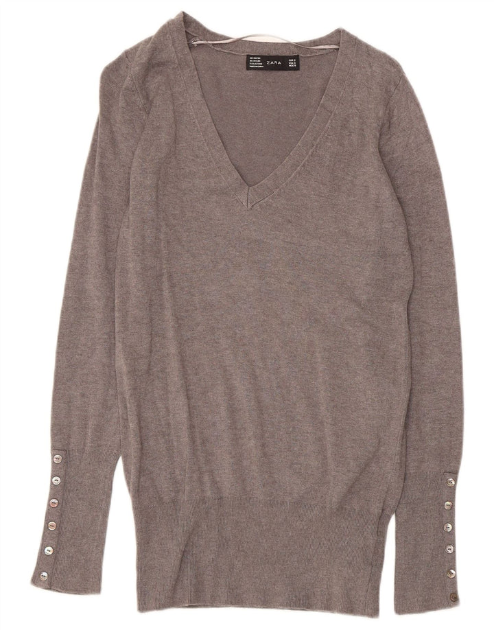 Maglione Zara da donna con scollo a V UK 10 piccolo Rayon grigio