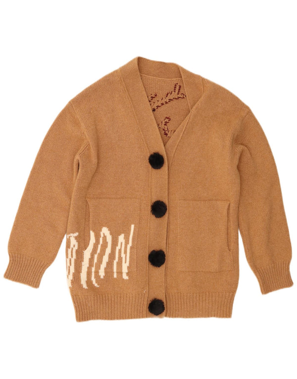 Maglione cardigan grafico da donna vintage UK 6 XS stampa animalier marrone