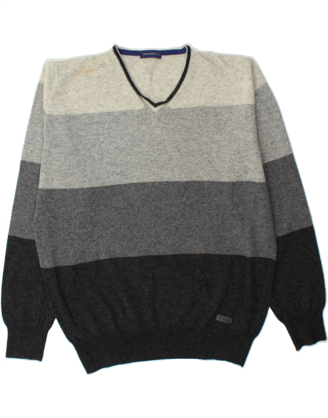 TRUSSARDI JEANS Mens V-Neck Jumper Sweater Large Grey Colourblock Vintage Trussardi Jeans and Second-Hand Trussardi Jeans from Messina Hembry 