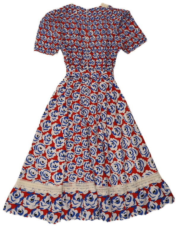 Abito maxi a trapezio da donna vintage UK 8 piccolo retro floreale rosso