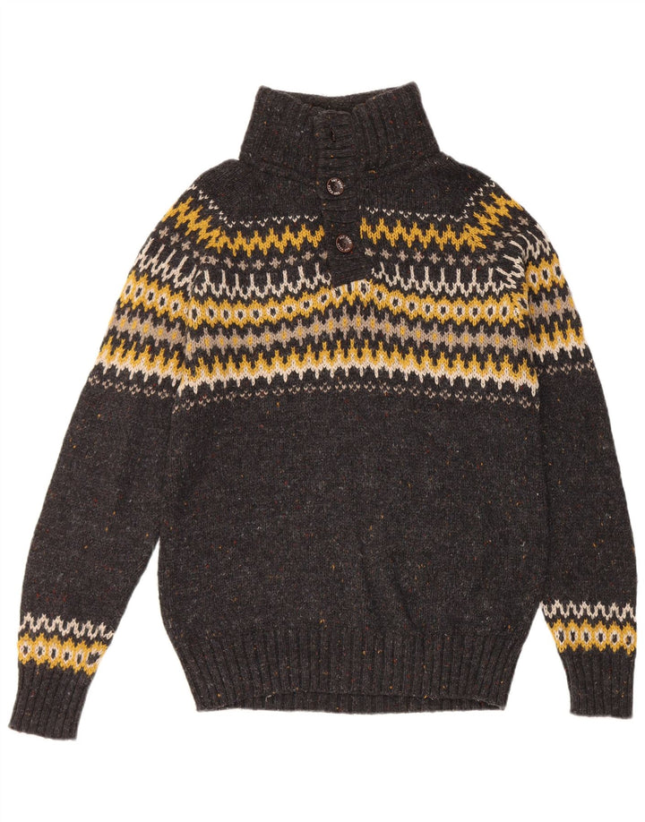 Maglione da uomo con collo abbottonato Fat Face Lana Fair Isle grigio medio