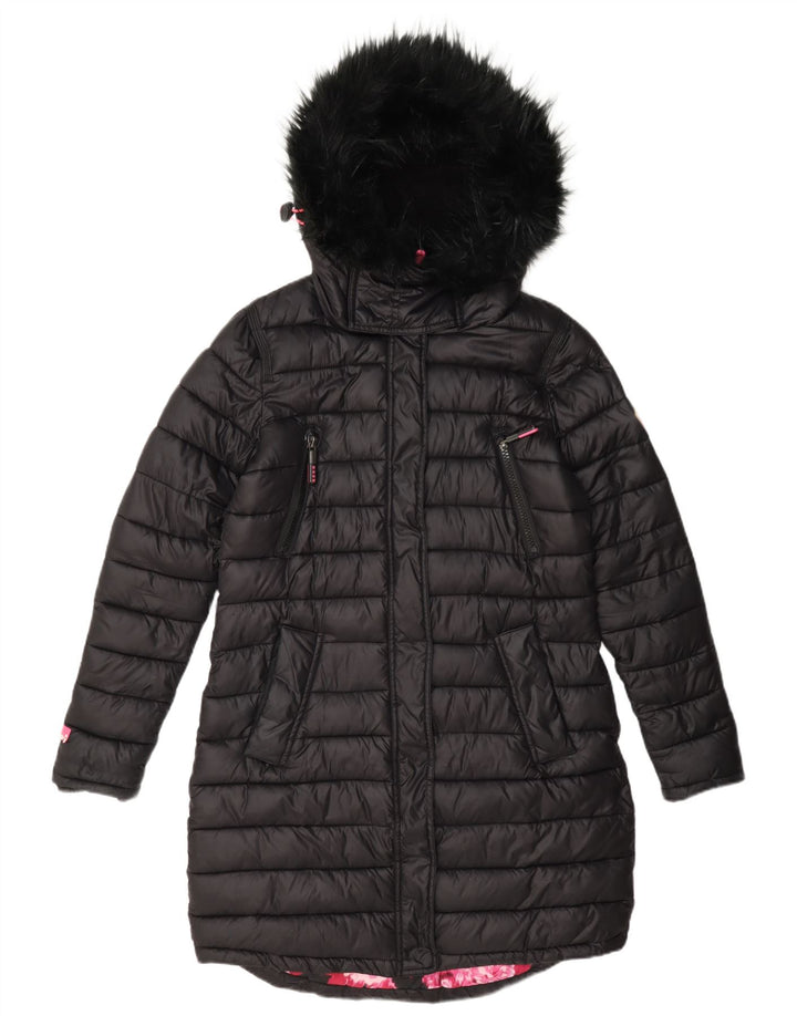 Cappotto imbottito con cappuccio da donna Superdry UK 12 nylon nero medio