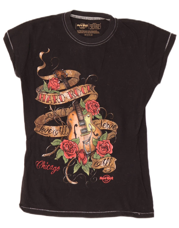 T-shirt grafica da donna Chicago Hard Rock Cafe UK 8 piccola in cotone nero