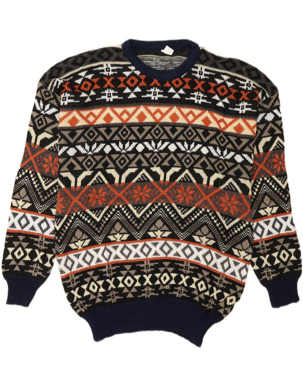 Maglione maglione girocollo vintage da uomo grande acrilico Fair Isle blu navy