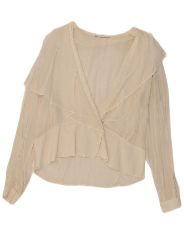 Top cardigan trasparente da donna vintage UK 14 grande bianco sporco