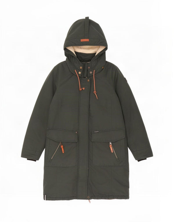 KHUJO Giacca parka sherpa oversize da donna con cappuccio UK 10 piccola cotone kaki