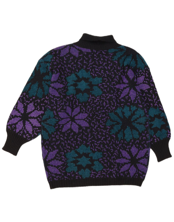 Maglione maglione vintage da donna con collo alto UK 16 grande motivo floreale nero
