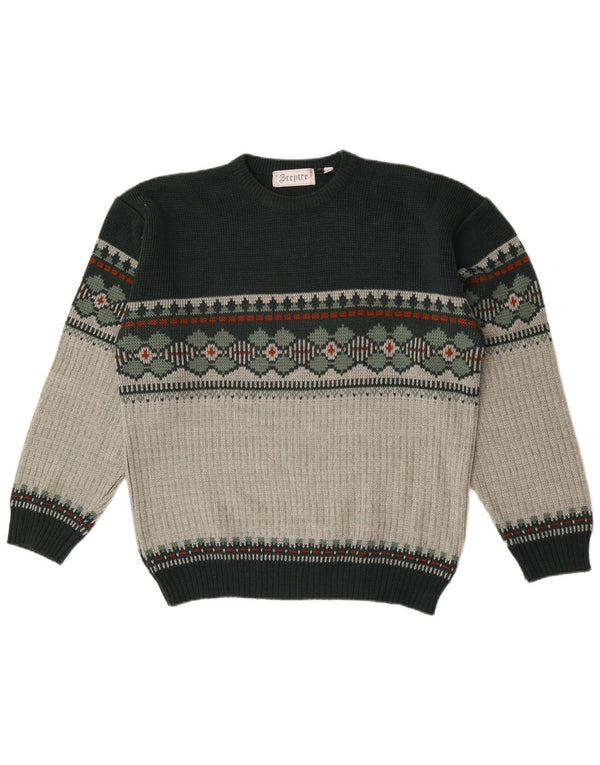 Maglione girocollo da uomo vintage in acrilico grande verde Fair Isle